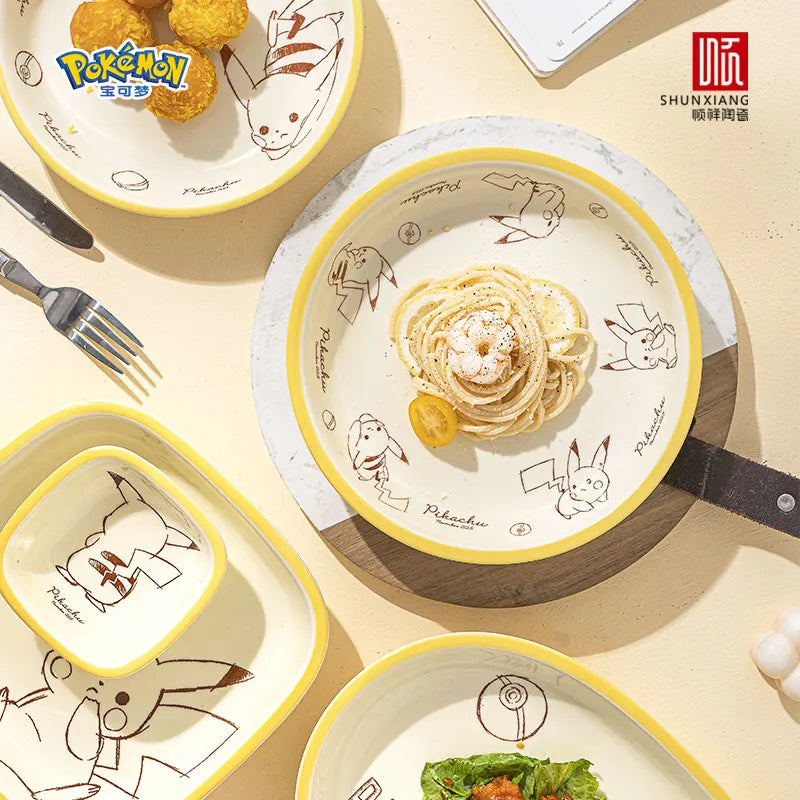 SHUNXIANG Pokémon Ceramic Tableware Set Pikachu Cartoon Pattern Ceramic Bowl Plate Dish Dining Plate Microwave Safe Dinnerware
