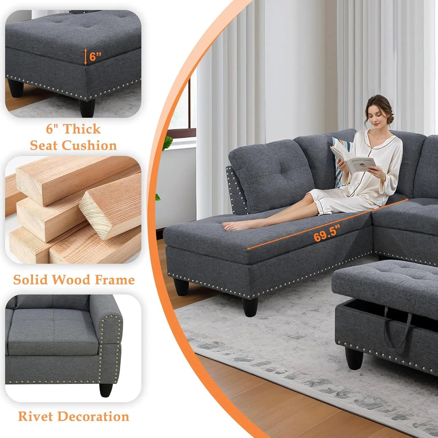 Modern L-Shape Sectional Sofa Chaise & Ottoman, 2 Pillows, Cup Holder