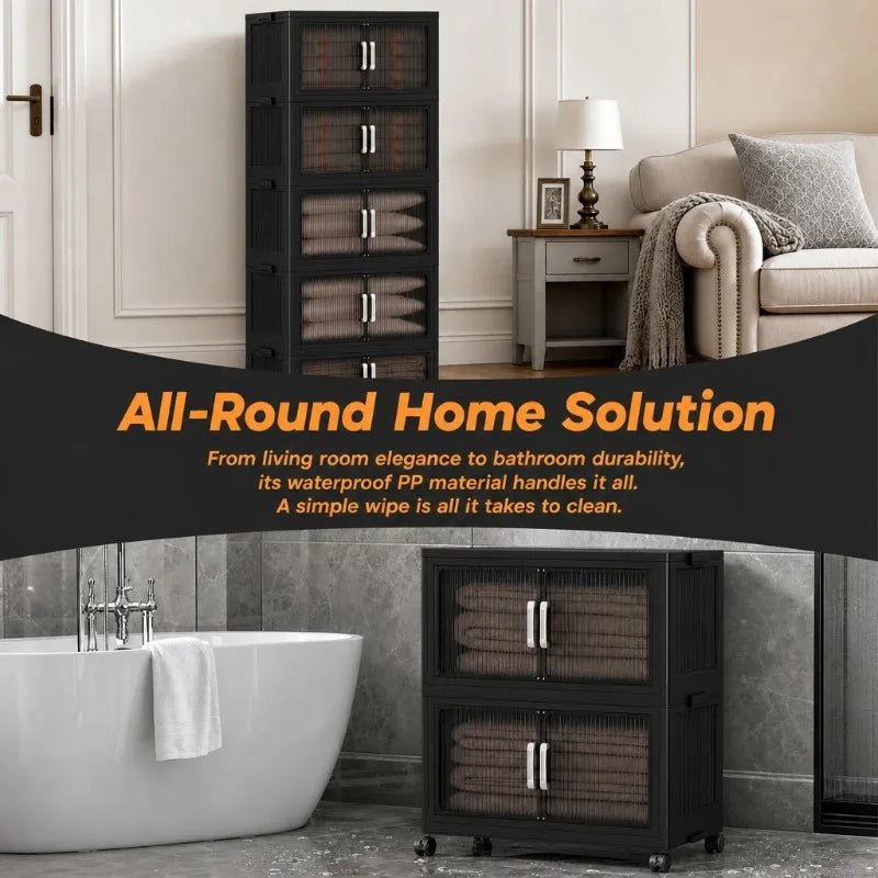 Foldable Storage Cabinets with Wheels, Stackable Plastic Storage Organizers with Transparent Flap Doors,