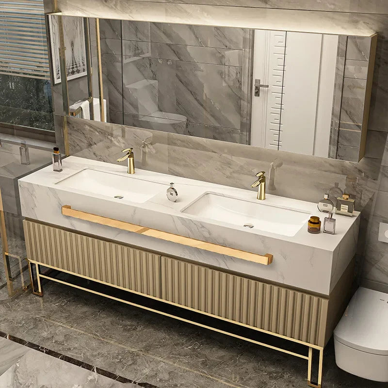 Luxury Bathroom Vanity with Single/Double Slab Ceramic Sink Bathrooms Vanity Smart LED Light Cabinet Sink Bathroom Furniture Set