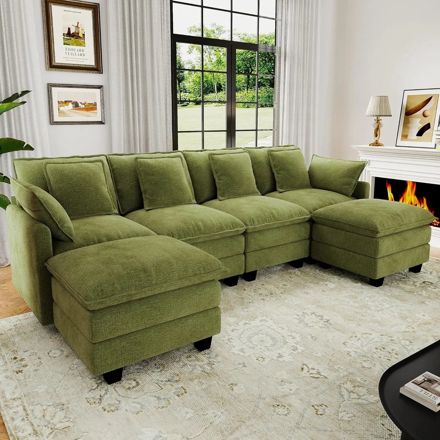 U Shaped Modular Sectional Sofa Deep Seat 4 Seat with 6 Washable Pillows 2 Ottoman Living Room Bedroom Apartment 107", Custom