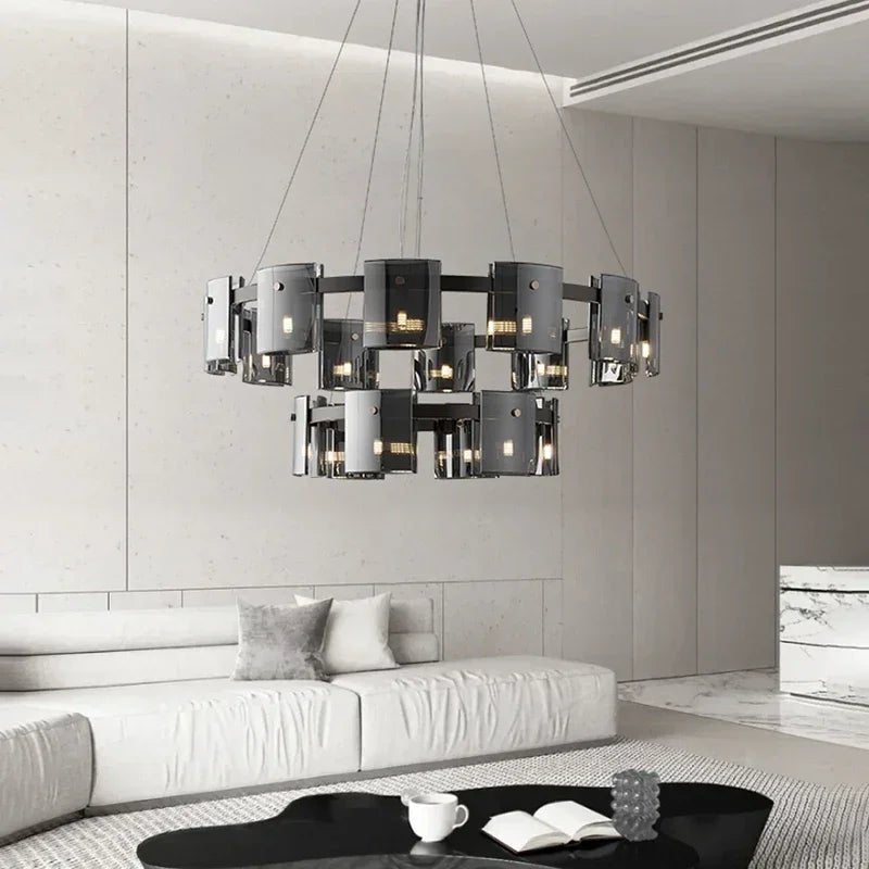 Postmodern LED Amber Smoky Glass Chandeliers