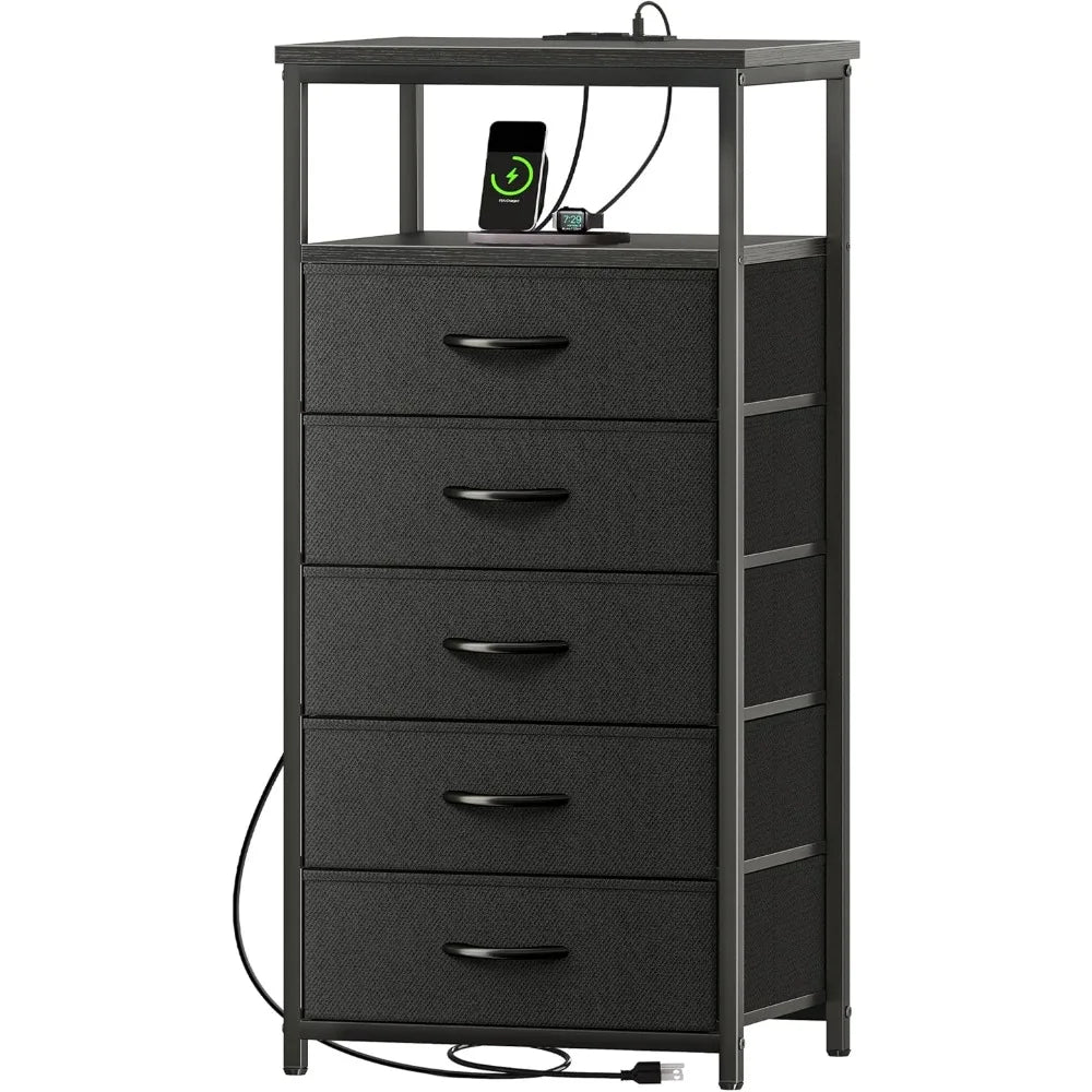 5 Drawers Dresser with Charging Station, Chest of Drawers with Open Shelf