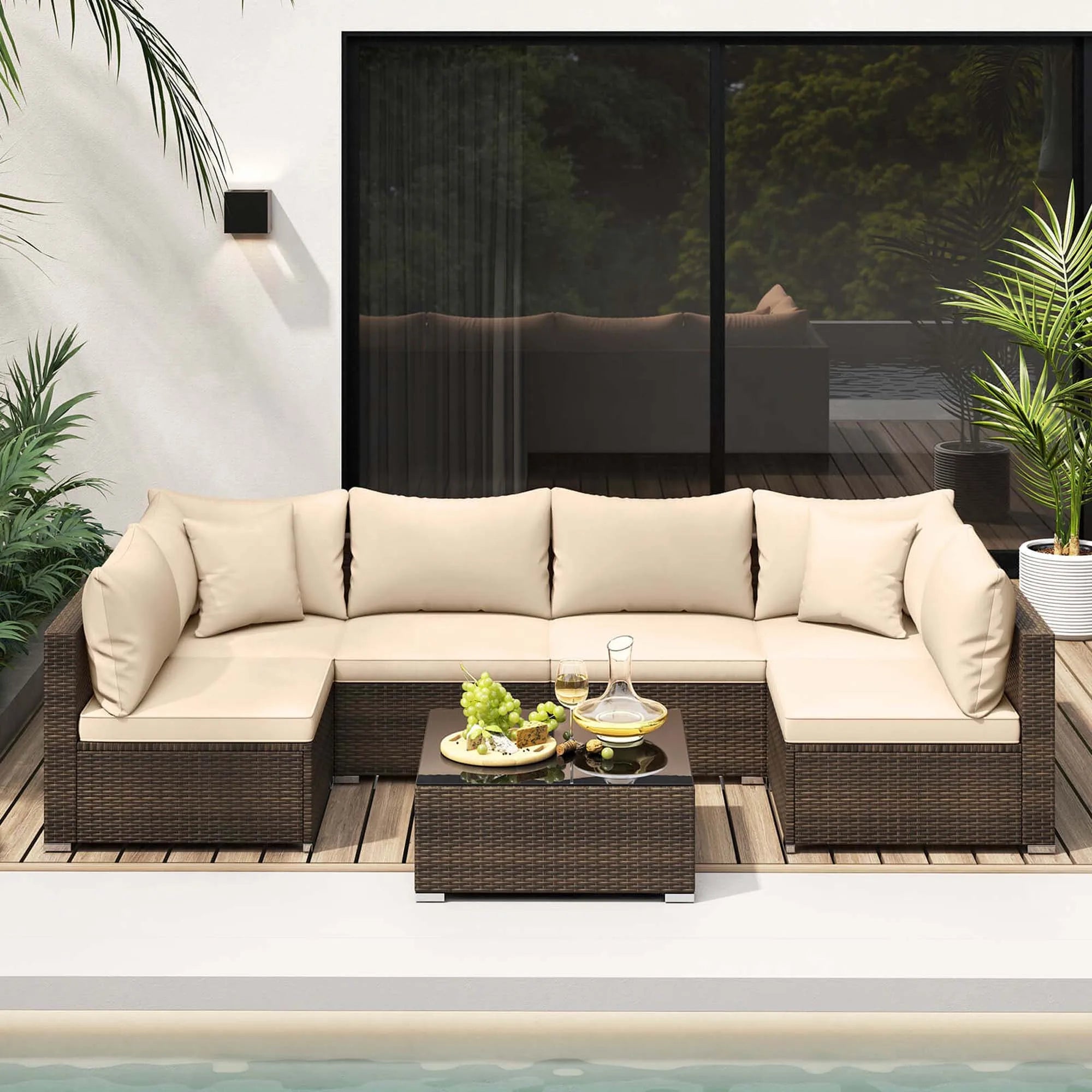 Hot Sale Item 7 PCS Brown Patio Rattan Cushioned Sectional Sofa Set