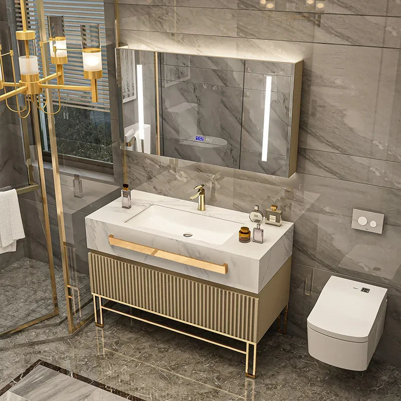 Luxury Bathroom Vanity with Single/Double Slab Ceramic Sink Bathrooms Vanity Smart LED Light Cabinet Sink Bathroom Furniture Set