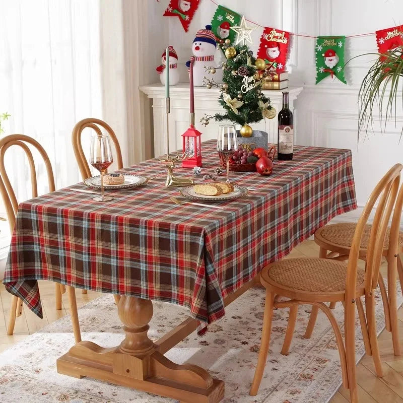 1pc Vintage Christmas Plaid Tablecloth, Rectangular with Tassels, for Dining/Tea Table, Holiday Party Decor