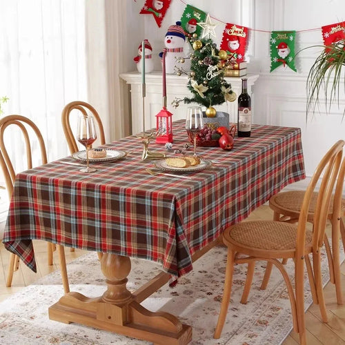 1pc Vintage Christmas Plaid Tablecloth, Rectangular with Tassels, for Dining/Tea Table, Holiday Party Decor