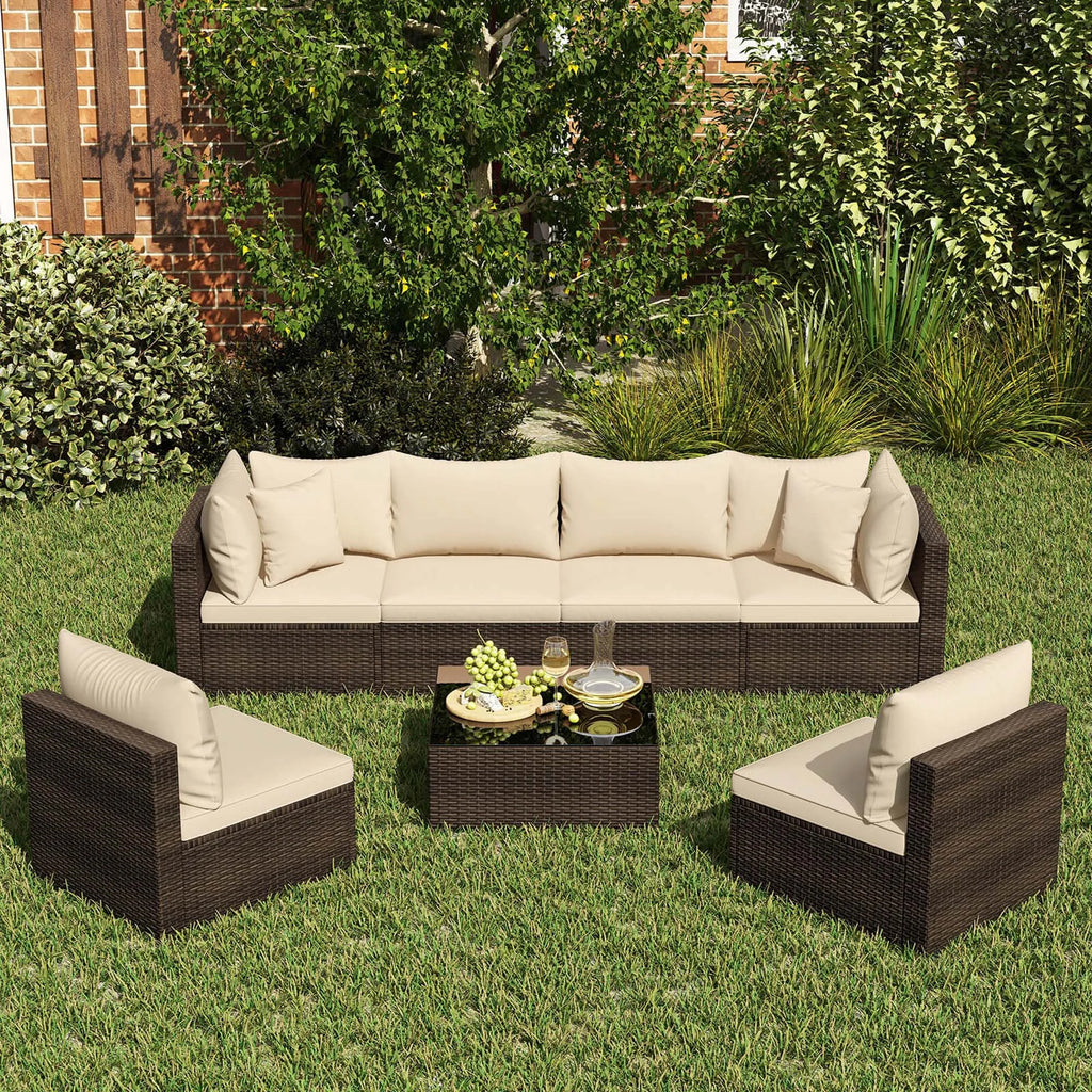 Hot Sale Item 7 PCS Brown Patio Rattan Cushioned Sectional Sofa Set