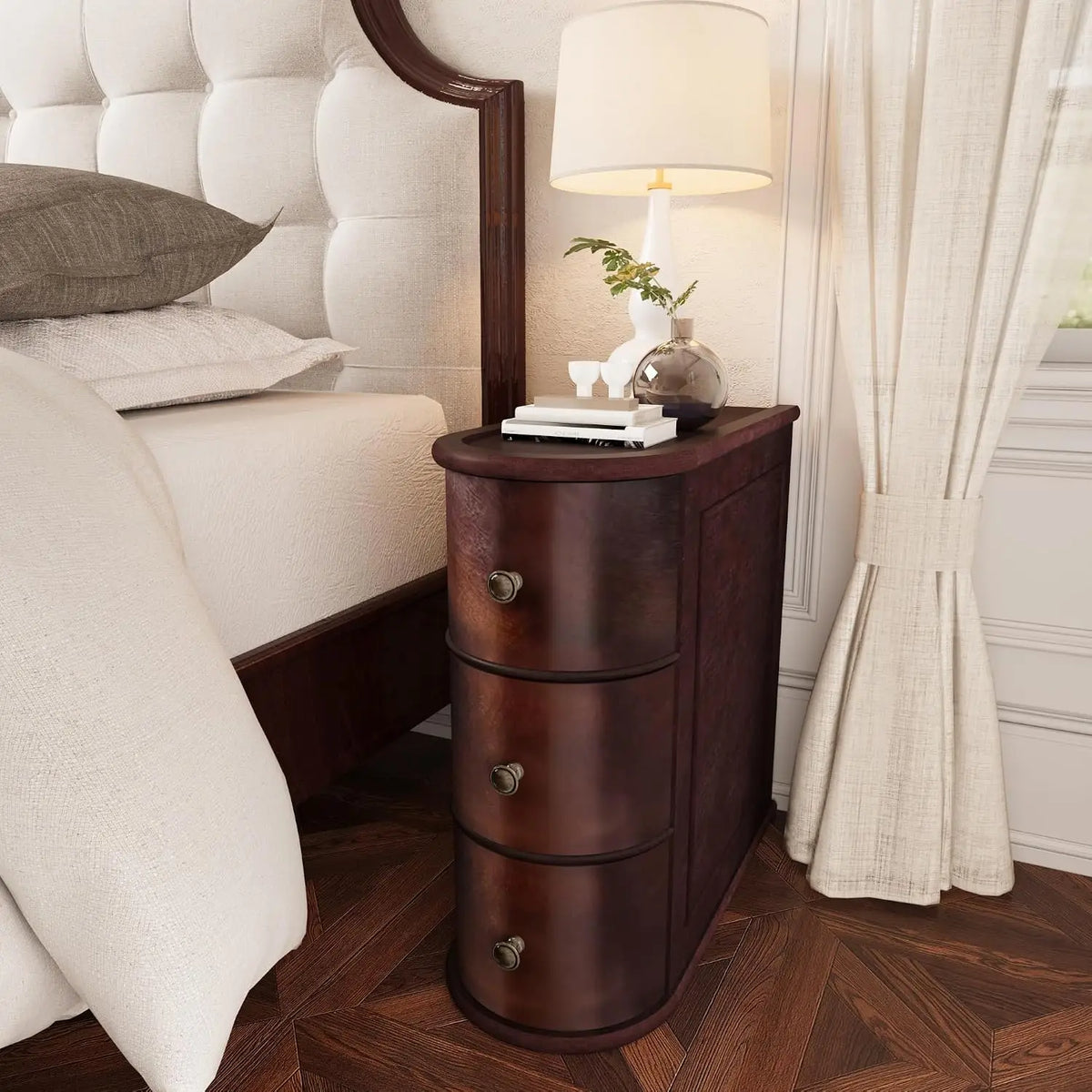 Solid Wood Nightstand, 3 Drawers, Rounded Edge