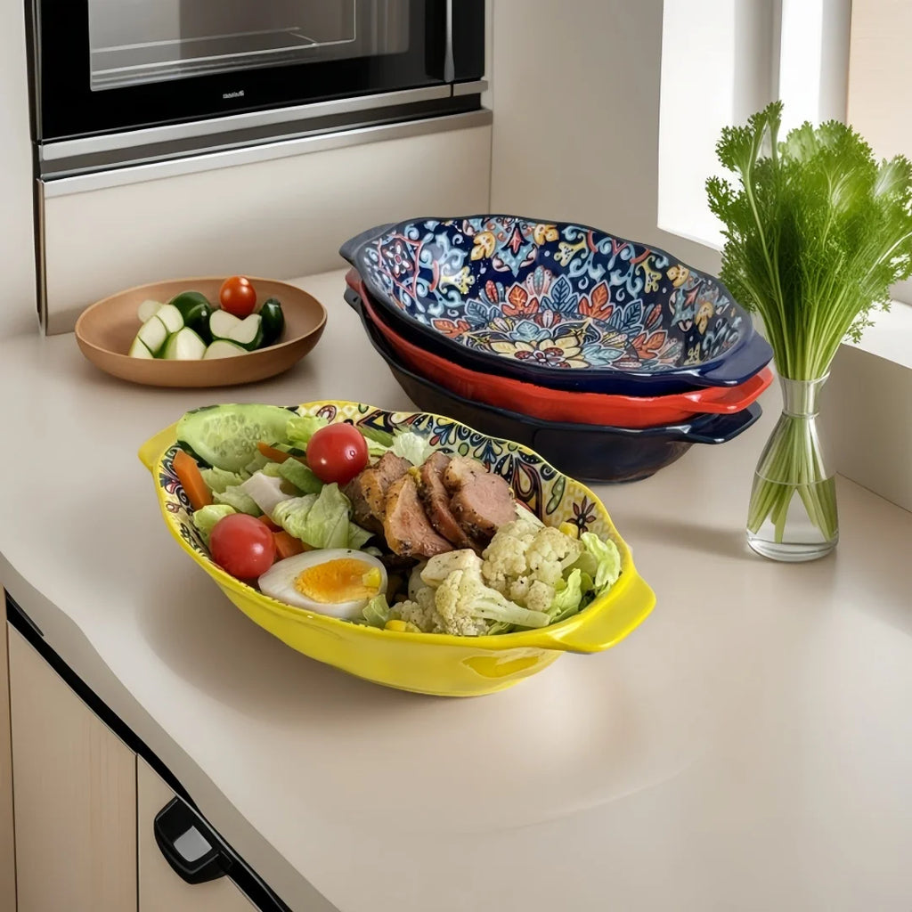 Bohemian ceramic plate set, double-eared fish plate, household steamed fish plate, high-value salad plate, cooking plate