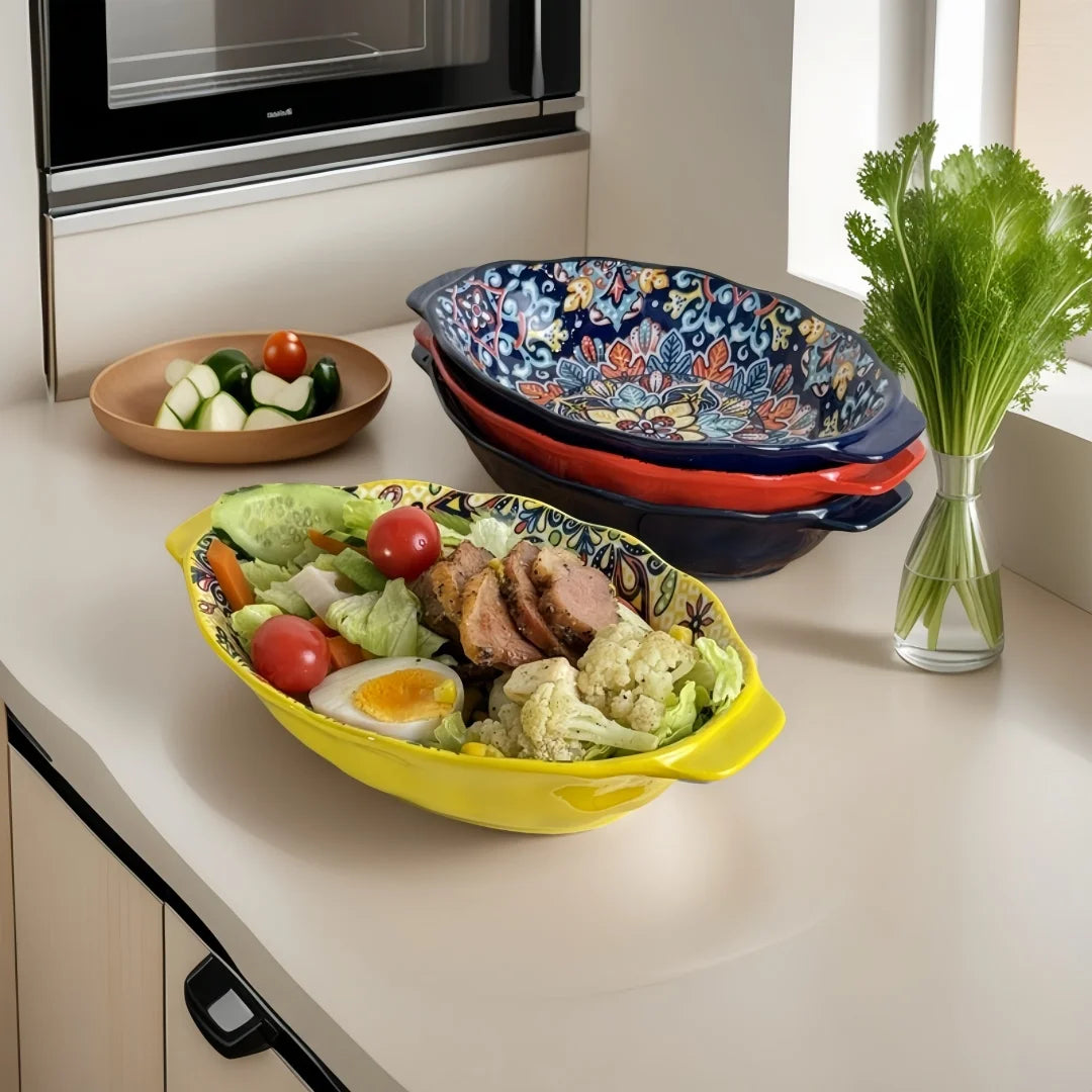 Bohemian ceramic plate set, double-eared fish plate, household steamed fish plate, high-value salad plate, cooking plate