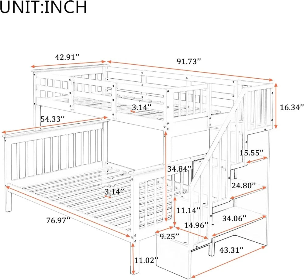 Twin Over Full Bunk Bed with Stairs & Storage Shelves, Solid Wood, White