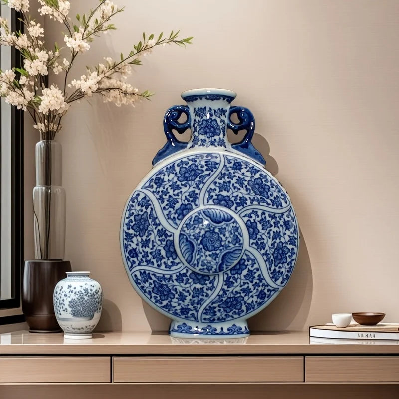 Handcrafted Porcelain Vase with Blue & White Floral Traditional Chinese Home Decor,