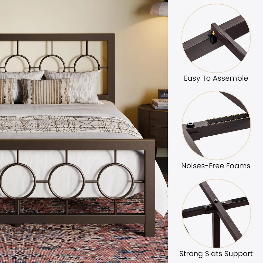Queen Size Metal Bed Frame with Vintage Circular Design Headboard and Footboard,No Box Spring Required,