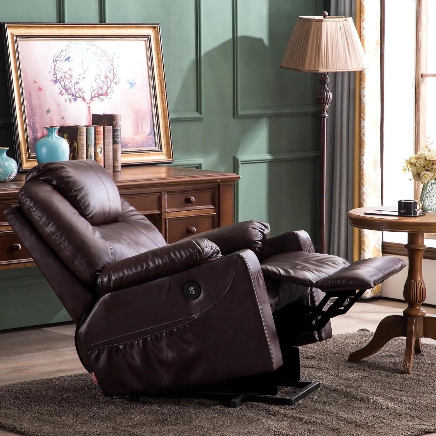 Electric Power Lift Faux Leather Recliner, Massage, Heat, 3 Positions, 2 Pockets, Cup Holder