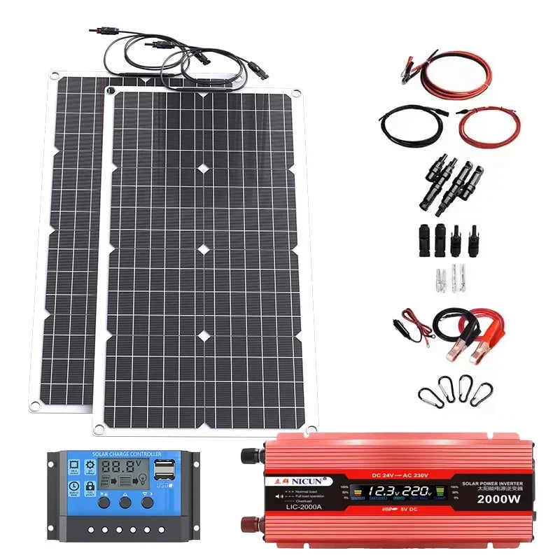 2000W Off-Grid Solar Complete Kit Power 100A Controller,110V 220V Inverter&10AH 30AH LiFePO4 Battery