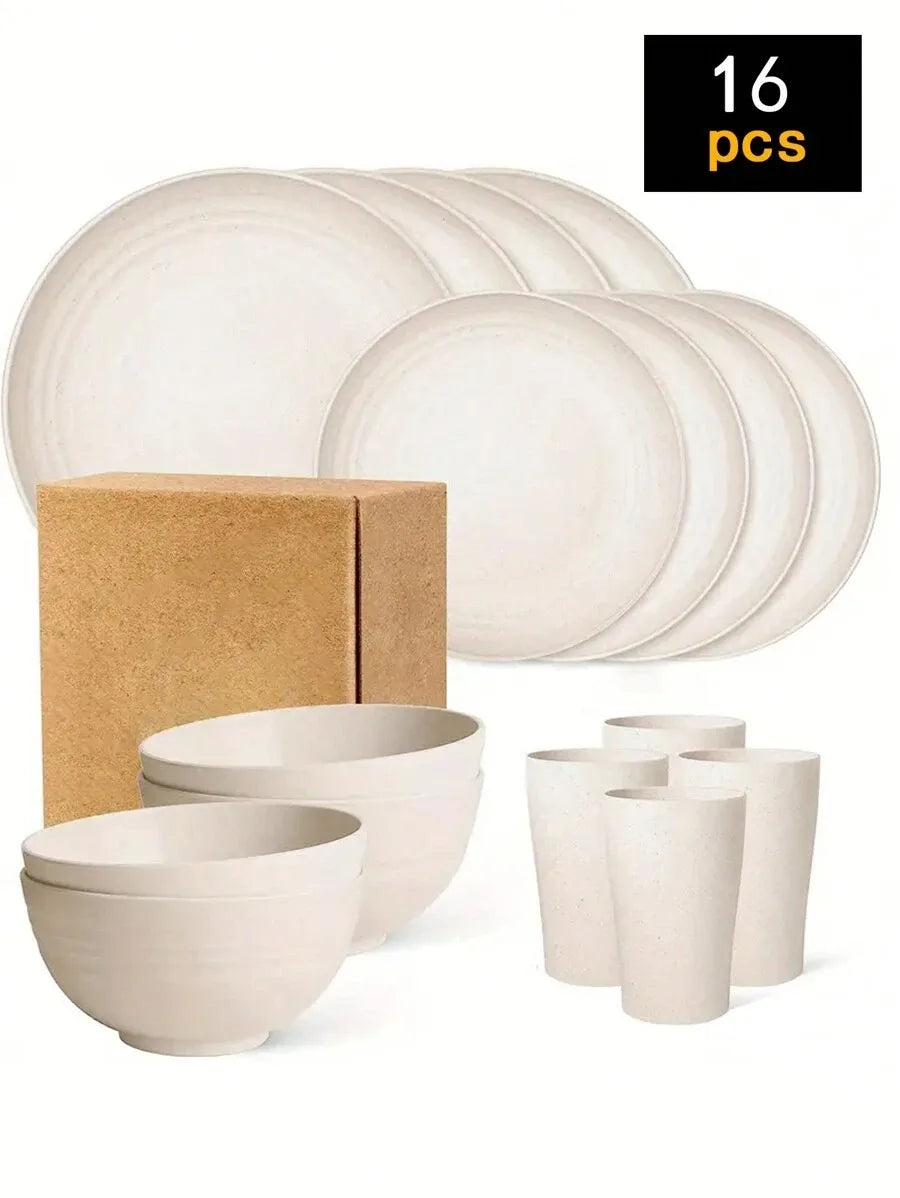 4/16/24pcs Reusable plastic tableware set, including plates, bowls and cups.