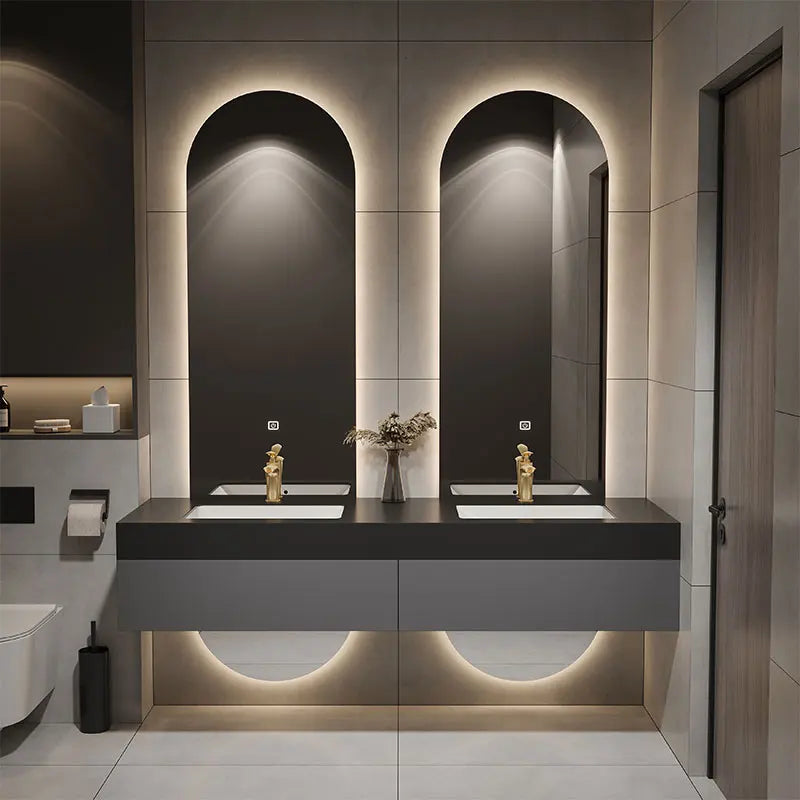 Designer Customized High-end Villa Light Luxury Rock Slab Integrated Basin Bathroom Cabinet in Combination with Double Mirror