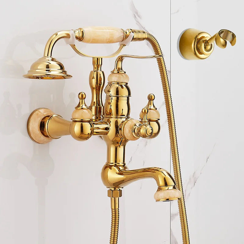 European vintage Brass Bathtub Hot and Cold water faucet with simple triple shower head