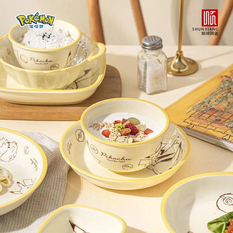 SHUNXIANG Pokémon Ceramic Tableware Set Pikachu Cartoon Pattern Ceramic Bowl Plate Dish Dining Plate Microwave Safe Dinnerware