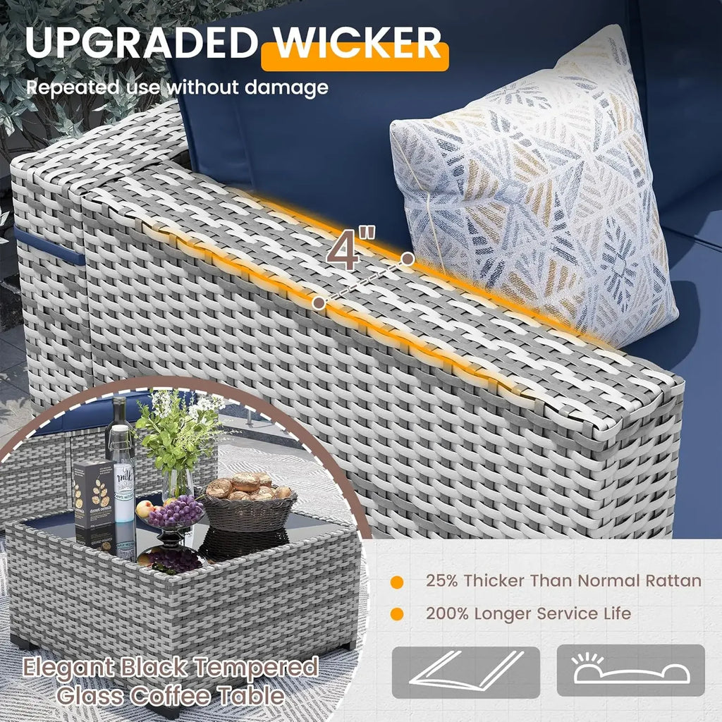 Patio Furniture Set, 7 Pieces PE Wicker Sectional Sofa with Tea Table, Outdoor Conversation Set