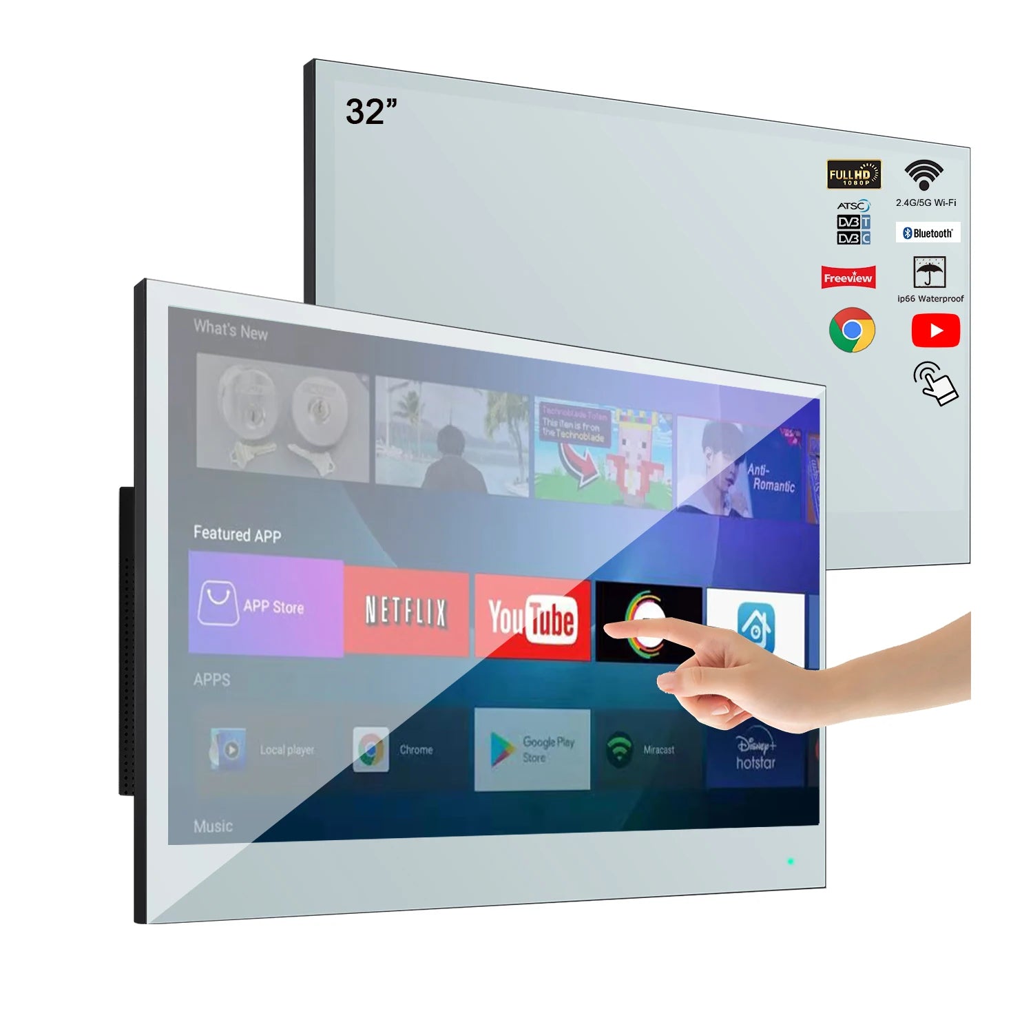 Souria 32inch Smart Mirror Touchscreen FHD LED TV Water Resistant Magic Android Bluetooth DTV Tuner Bathroom SPA Kitchen