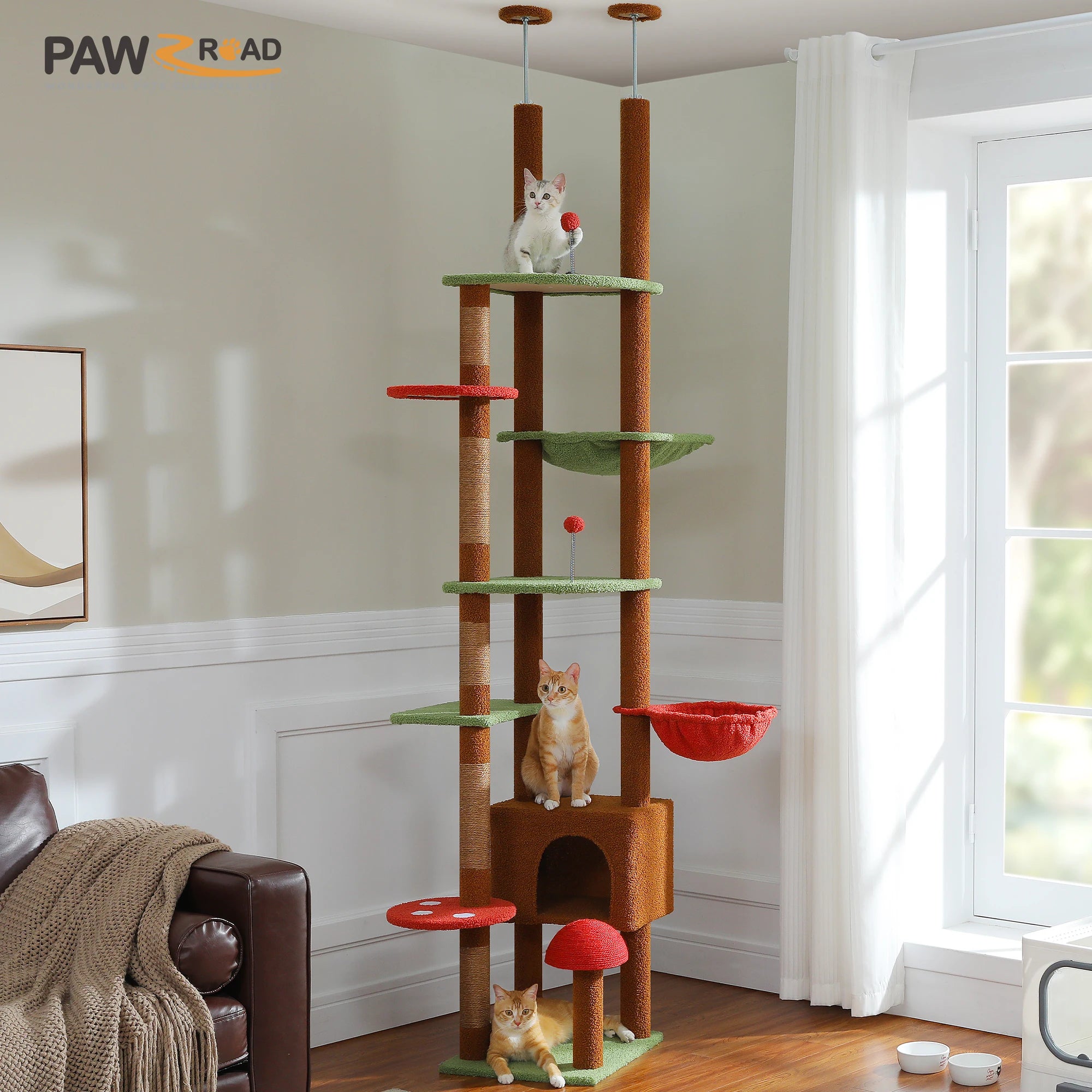 Height Adjustable Wooden Cat Tree with Large Hammock Sisal Scratching Posts, Floor to Ceiling Cat Tower