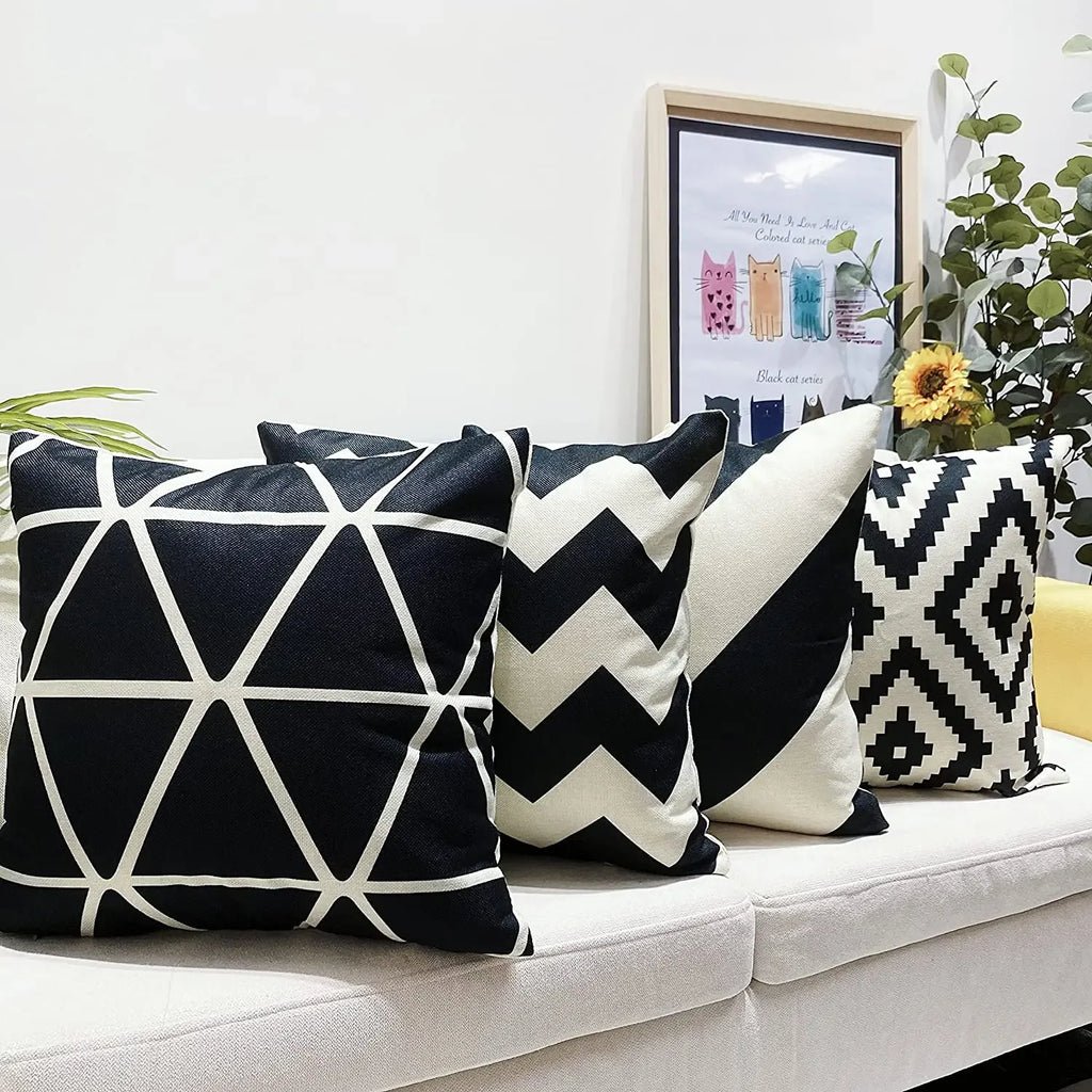 Black Geometric Linen Pillow Cover