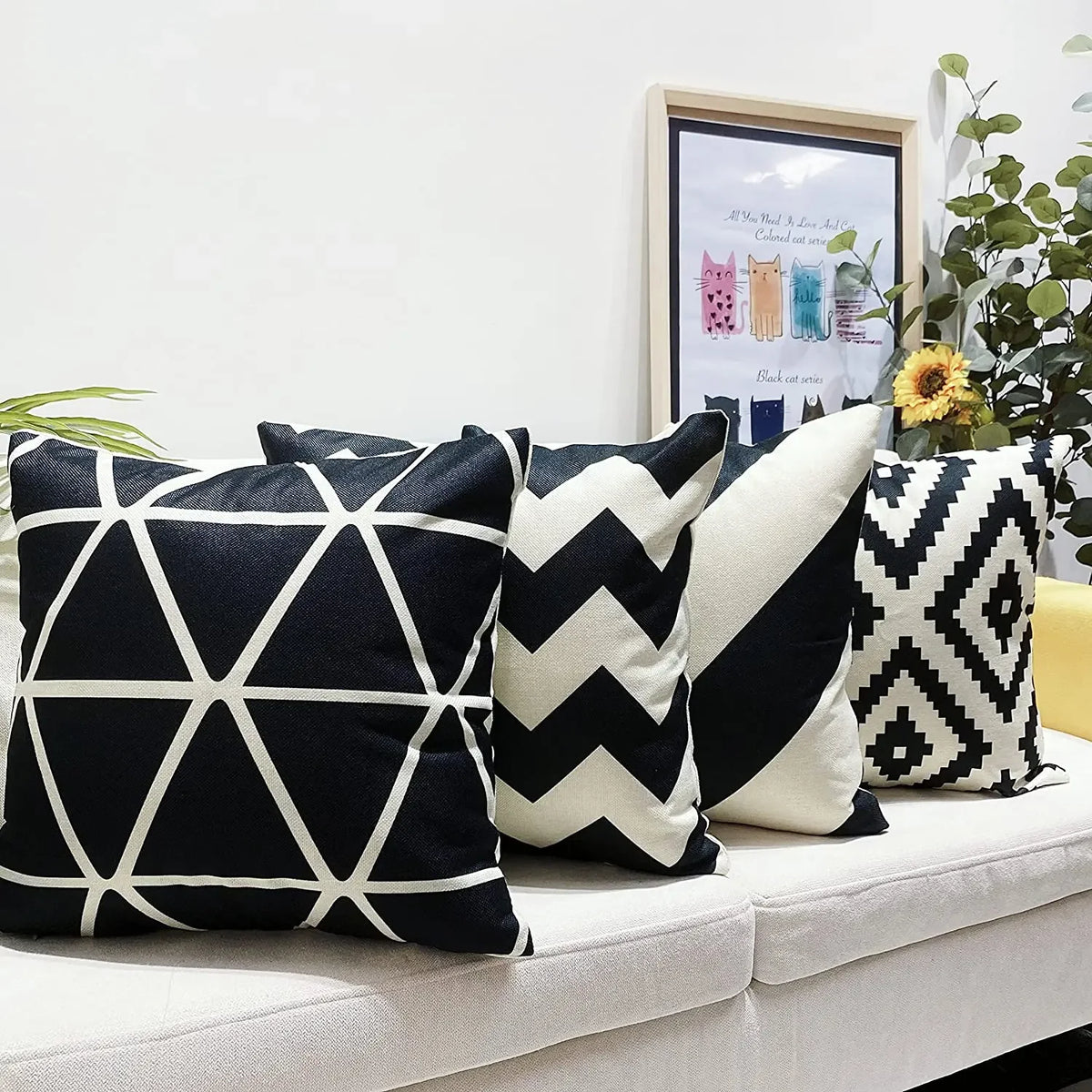 Black Geometric Linen Pillow Cover