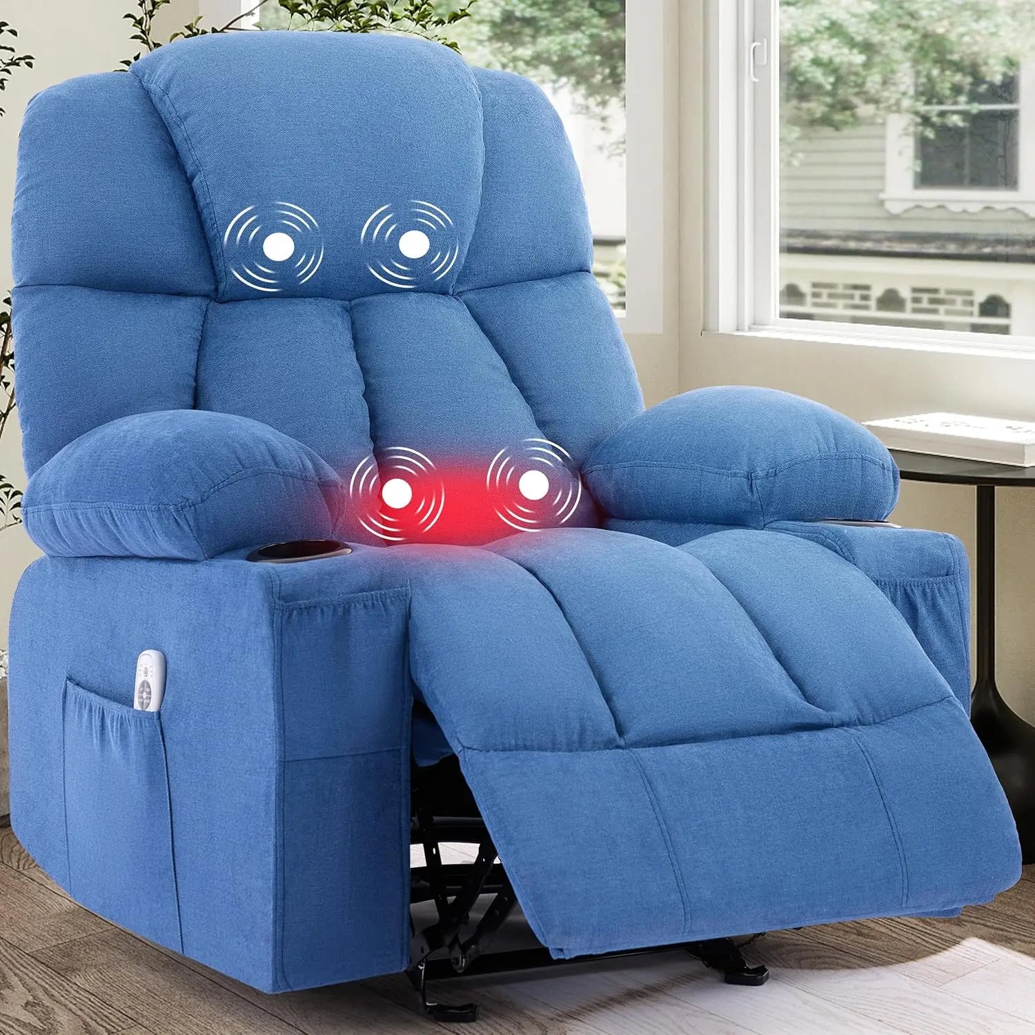 Massage Rocker Recliner Chair with Heat & Vibration, 4 Pockets, 2 Cup Holders, Fabric