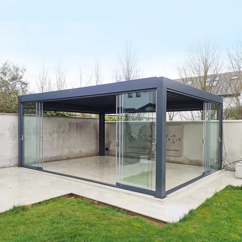 4x3m 3x4m Motorized Aluminum Pergola with Glass Sliding Doors LED Lights All-season Use