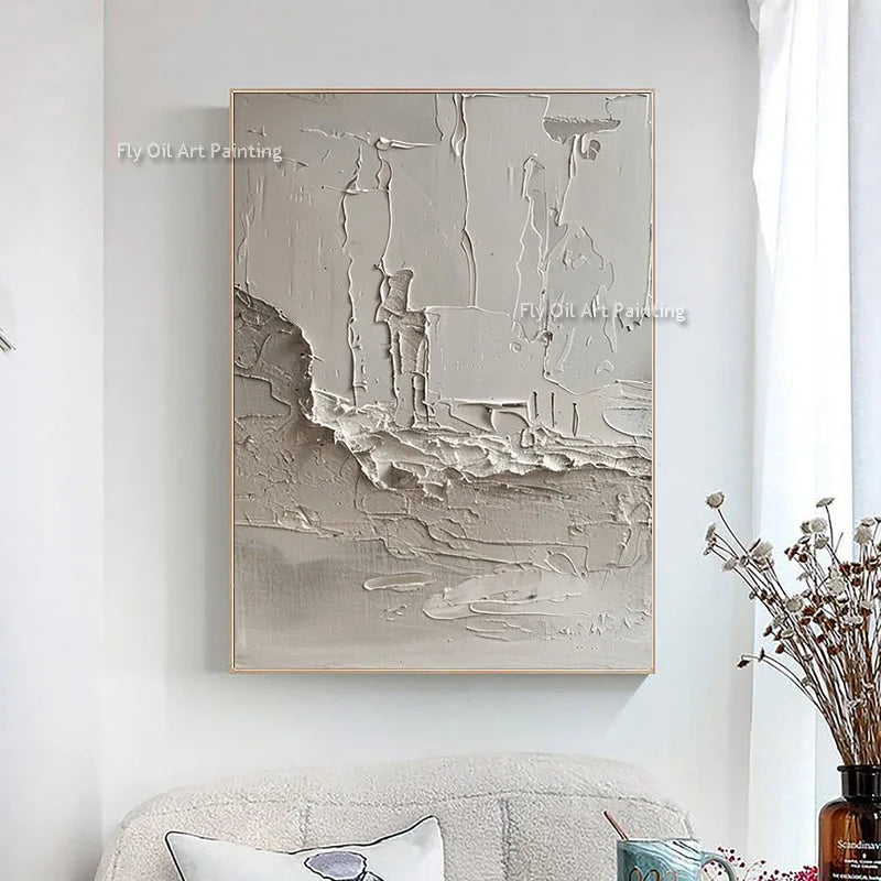 Gray Abstract Wall Art On Canvas Handpainted Brown And White Thick Oil Painting
