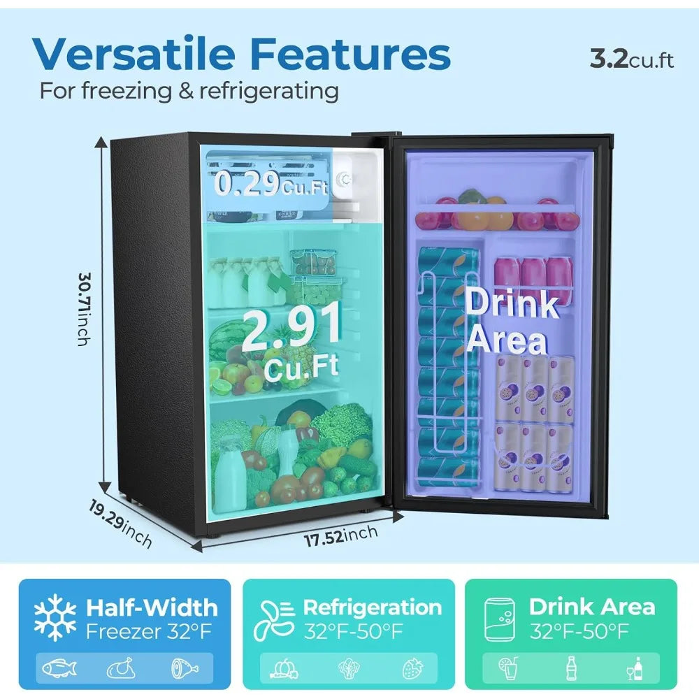 US Shipped  3.2 Cu.ft Mini Fridge with Freezer Compact Single Door