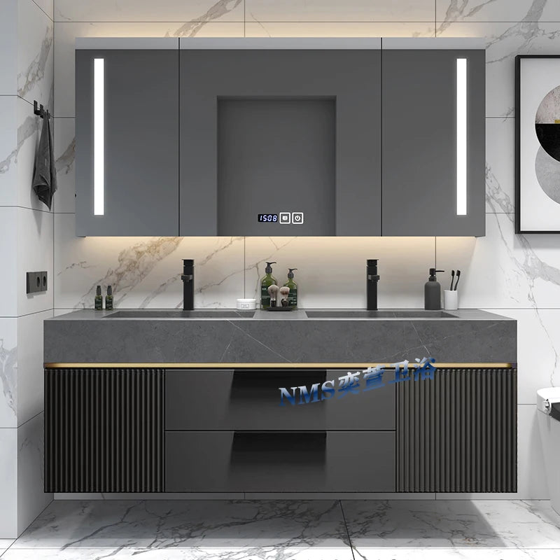 Light Luxury Slate Integrated Basin Bathroom Cabinet, Double Washbasin Combination