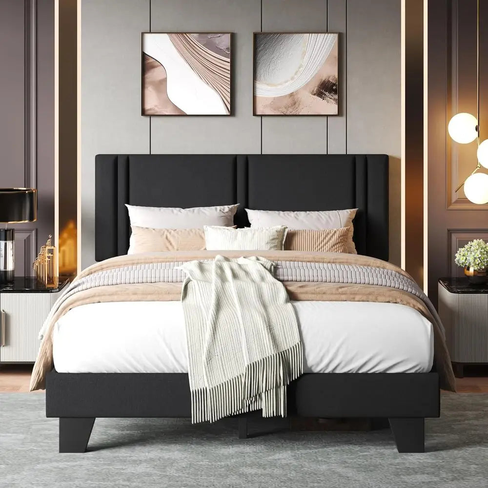 Einhomn Upholstered full Size Bed with Linen fabric board, Strong Wooden Slats Support, No Box Spring Needed, Black