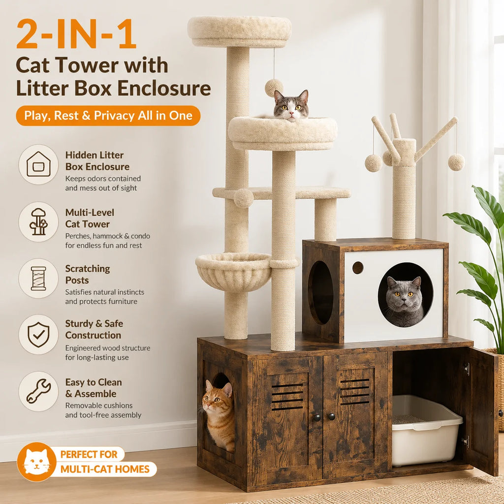 Cat Tower with Litter Box Enclosure, 2-in-1 Modern Cat Tree, 55.1-Inch Cat Condo with Scratching Posts,