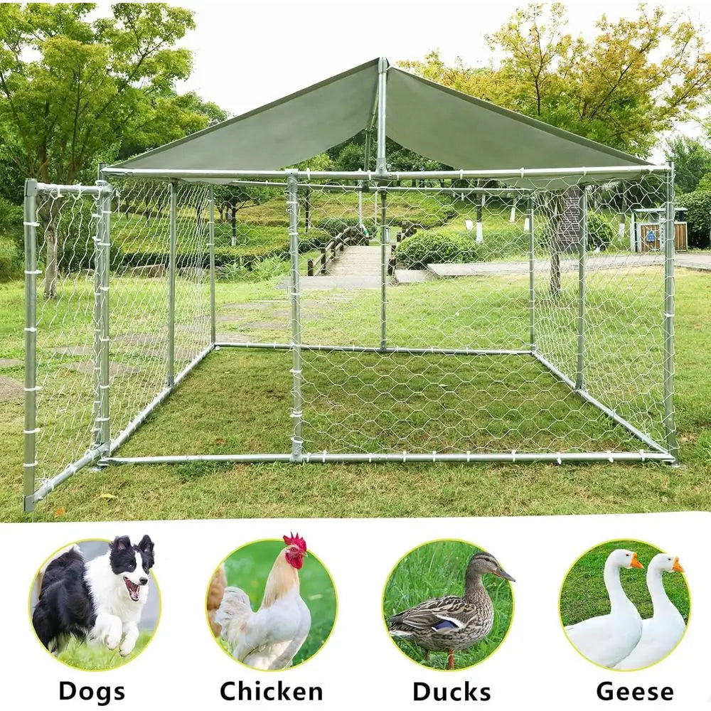 Outdoor Large Dog Cage Heavy Duty Extra Wide Pet Kennels with Water-Resistant Cover (Sliver)