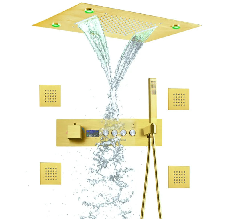 Concealed Brass Shower, LED Thermostatic digital display, showerheads set into the Wall, concealed showerhead in ceiling