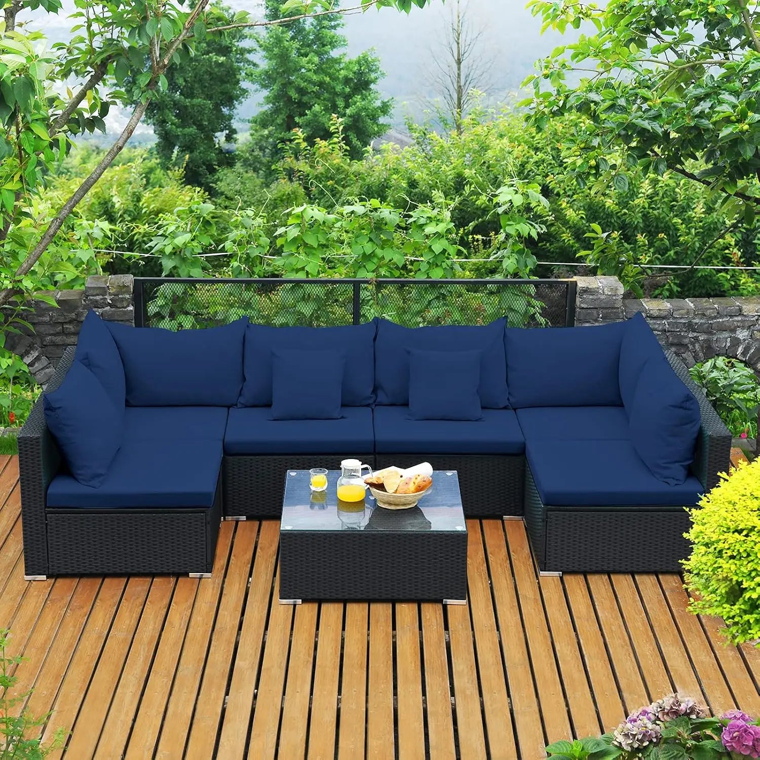 7 Pieces Wicker Patio Furniture Set, All-Weather Outdoor Rattan Sectional Sofa Set with Cushions & Tempered Glass,