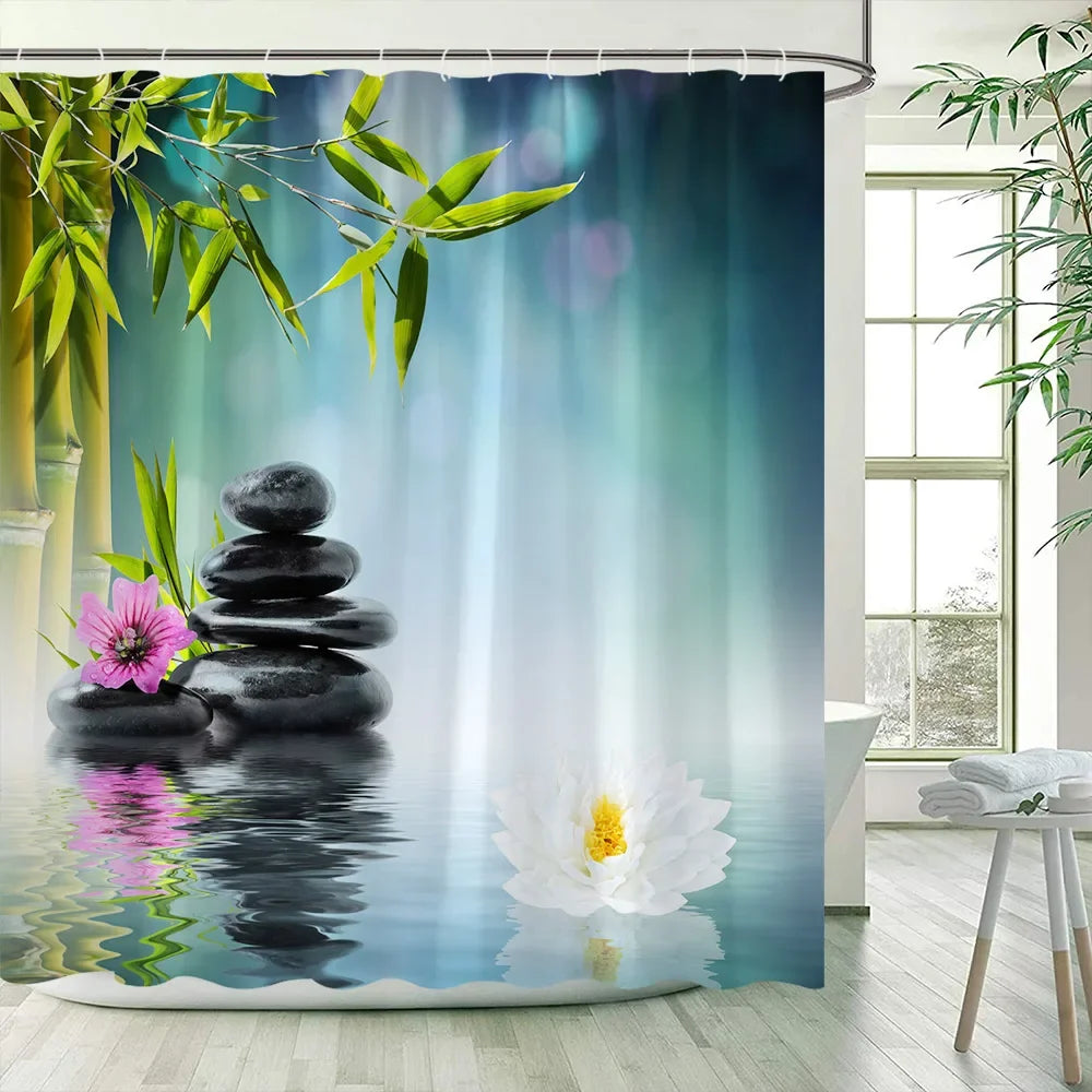 Green Bamboo Zen Shower Curtains Set