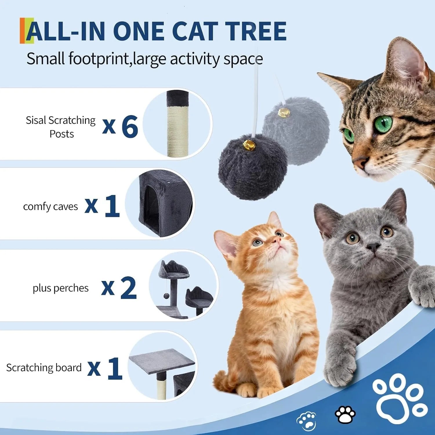 72" Cat Tree for Large Cats, Multi-Level Cat Tower with 6 Sisal Scratching Posts,