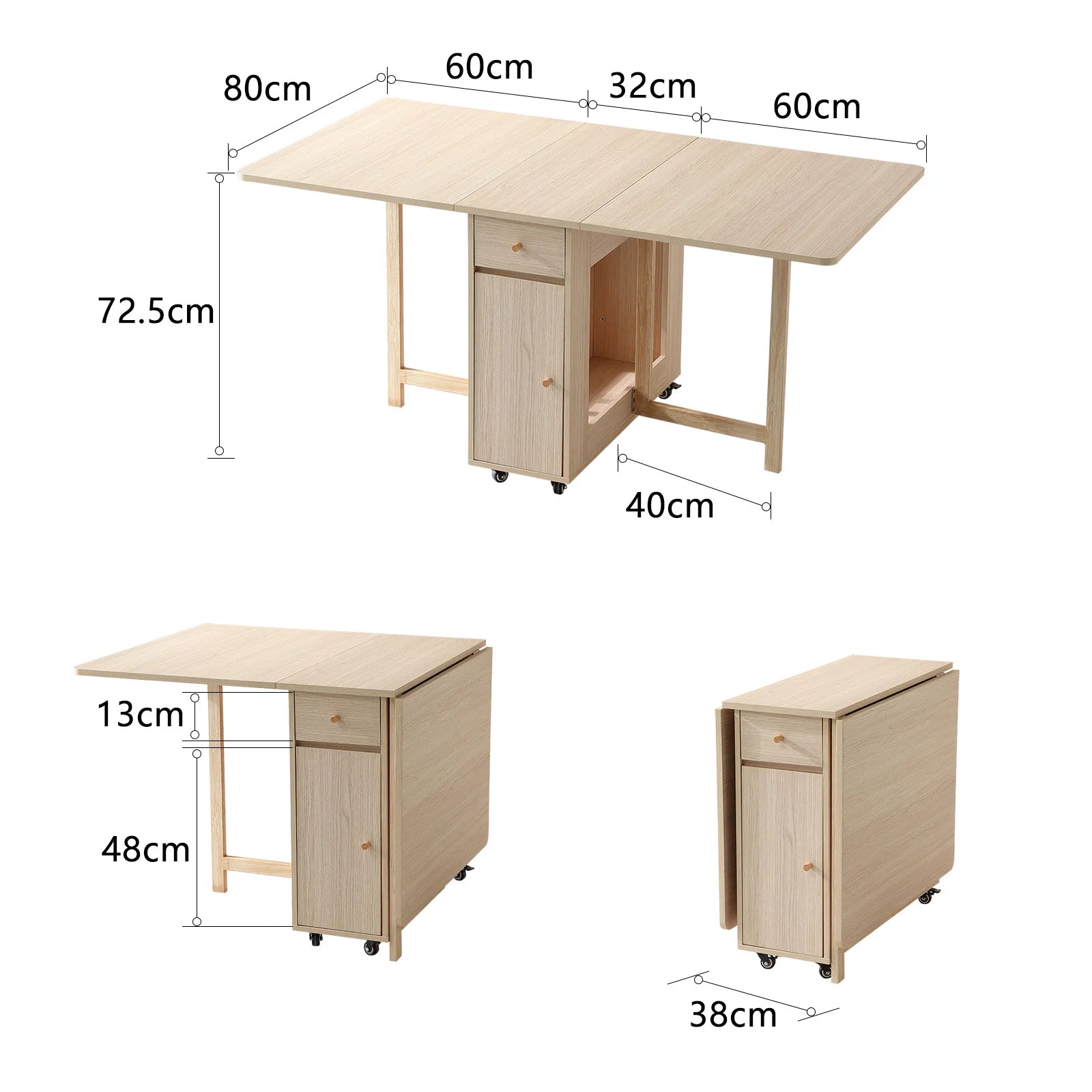 Extendable Drop Leaf Folding Dining Table with 2 Drawers and 4 Wheels and Chairs