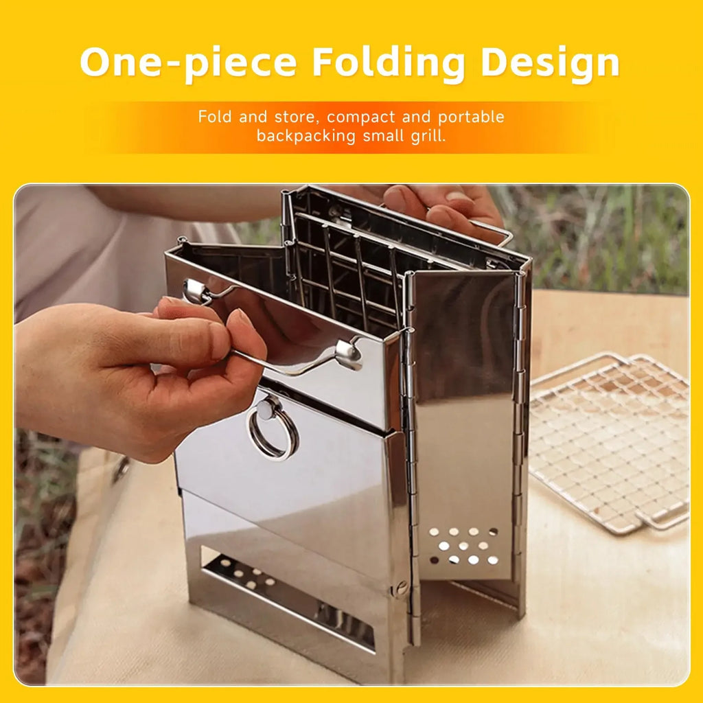 Wood Burning Folding Camp Stove, Stainless Steel Grid,