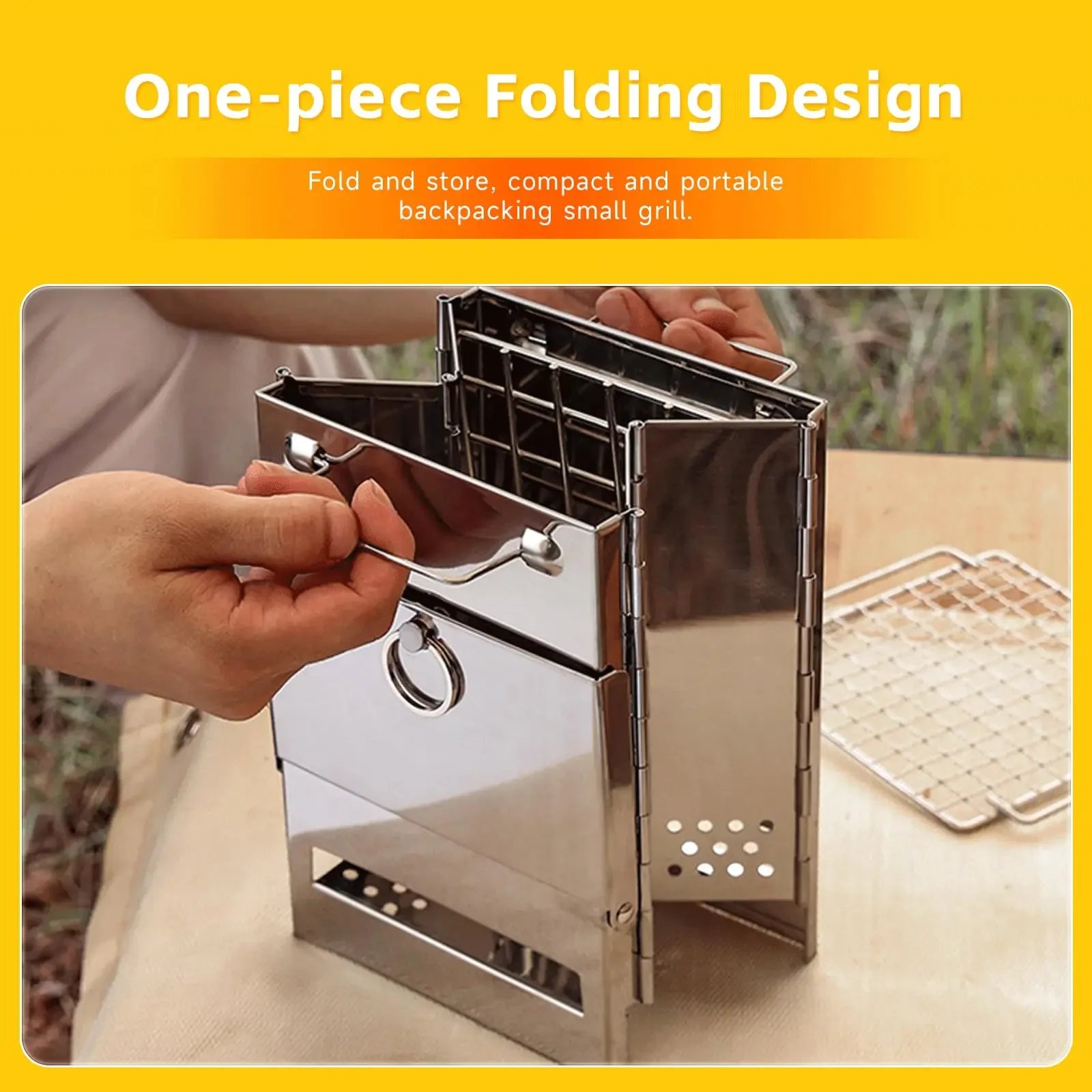 Wood Burning Folding Camp Stove, Stainless Steel Grid,