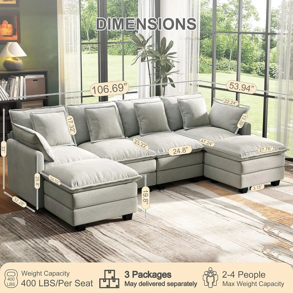 U Shaped Modular Sectional Sofa Deep Seat 4 Seat with 6 Washable Pillows 2 Ottoman Living Room Bedroom Apartment 107", Custom