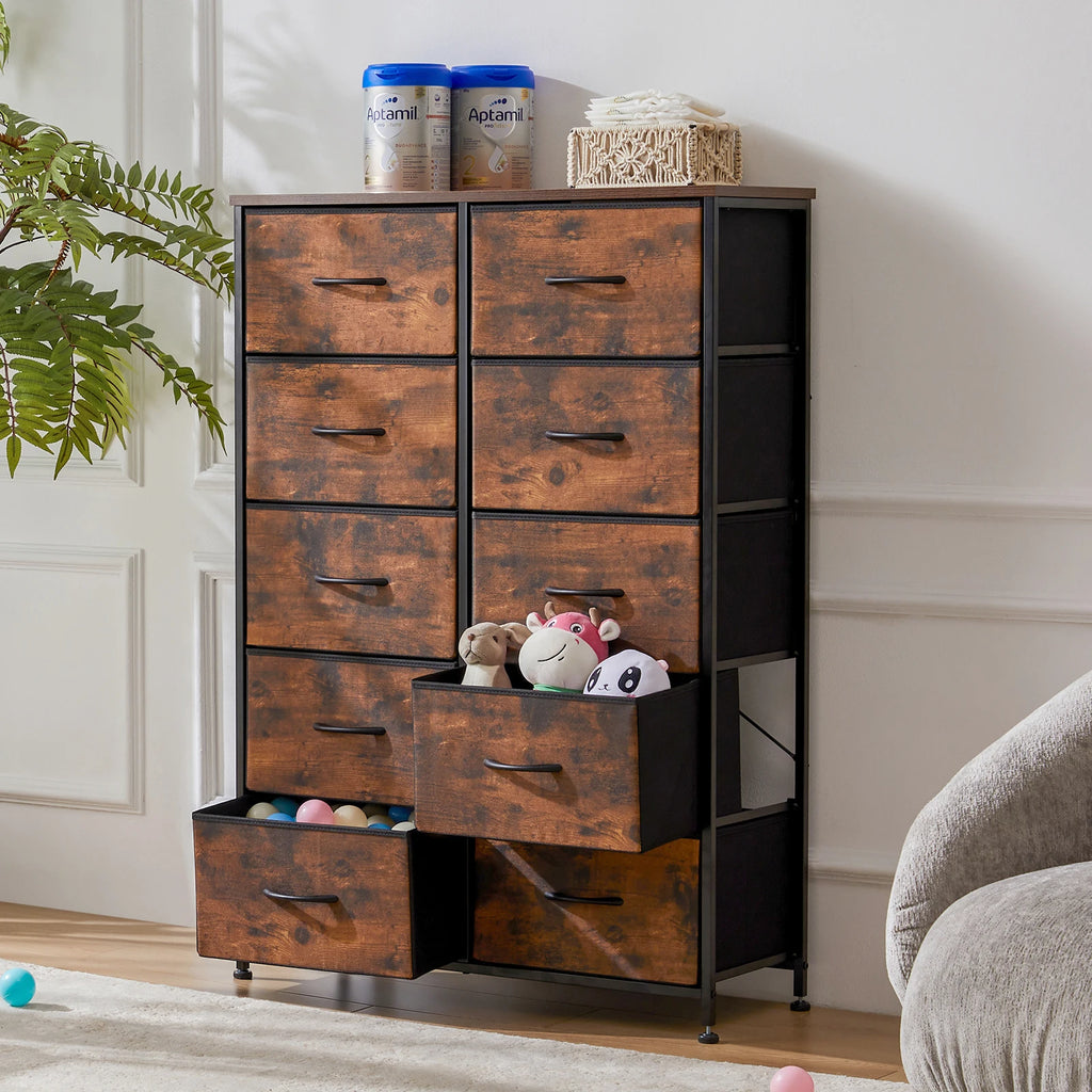 JHK Bedside Table For Bedroom With 10 Fabric Drawers Wardrobe Steel Frame Closet, Also For Living Room Storage Cabinet