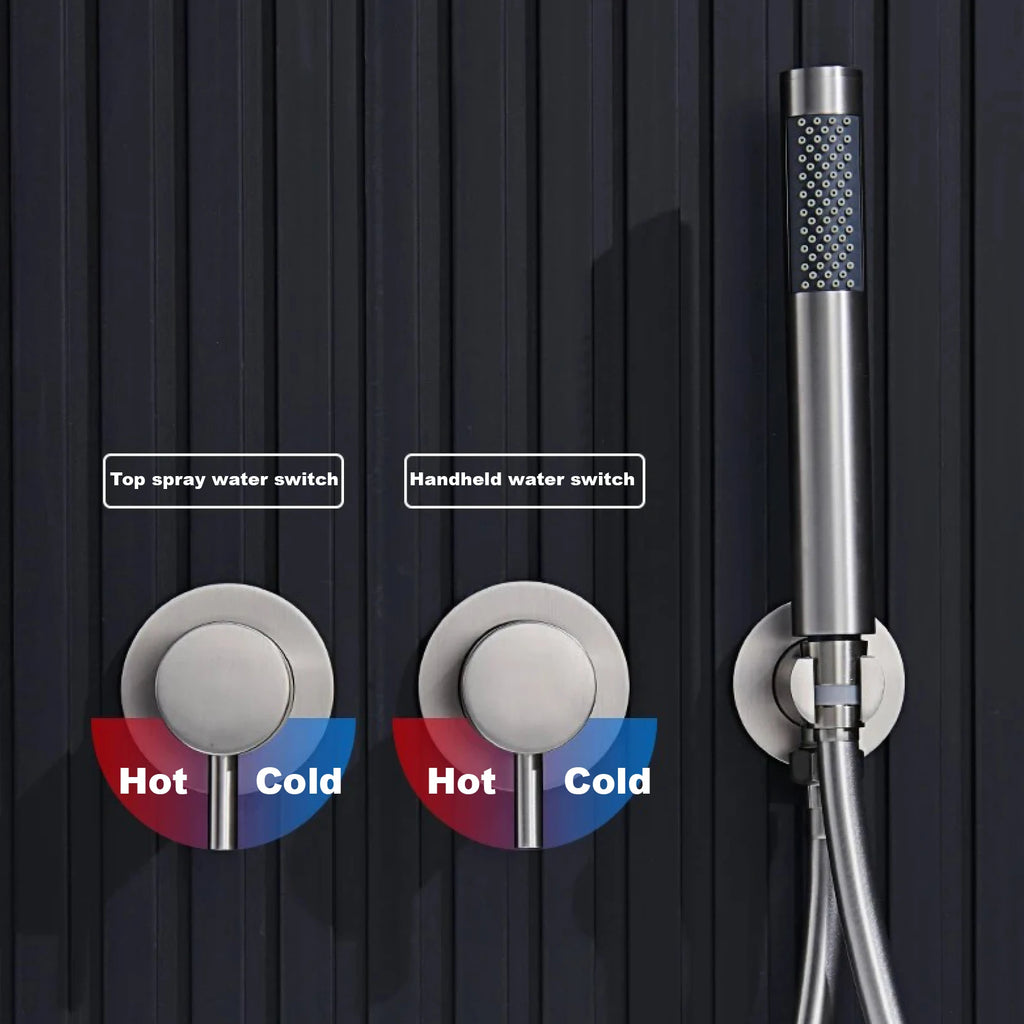 Luxury brass gun gray wall mounted shower head system with minimalist design, dual handle hot and cold water bathroom faucet