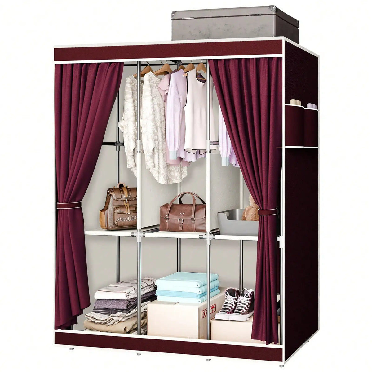65" Portable Wardrobe Closet with Shelves & Hanging Rod, Large Capacity Cloth Storage Cabinet with Zipper Cover, Dustproof Non-Woven Fabric Organizer
