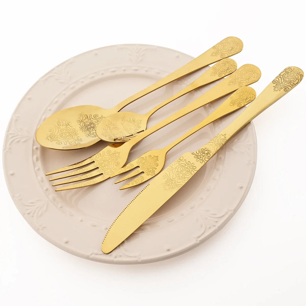 20pcs Silver Dinnerware Set Creative Carving Knife Fork Spoon Cutlery Mirror Stainless Steel Retro Flatware Kitchen Tableware