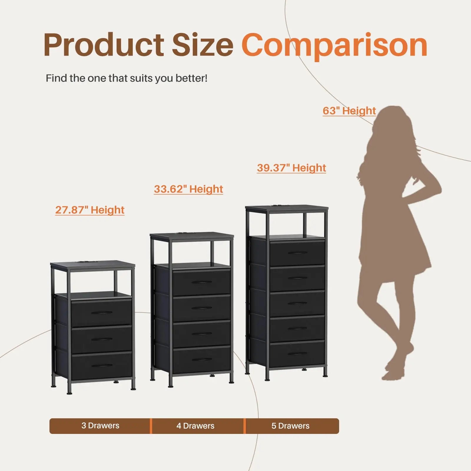 JHK 5 Fabric Drawers Dresser For Bedroom Nightstand with Charging Station and Outlets Adjustable Feet and Variable Light Strip